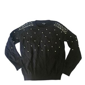 Studio By JPR Black Imitation Pearl Diamond Stitch Crewneck Sweater, Size L